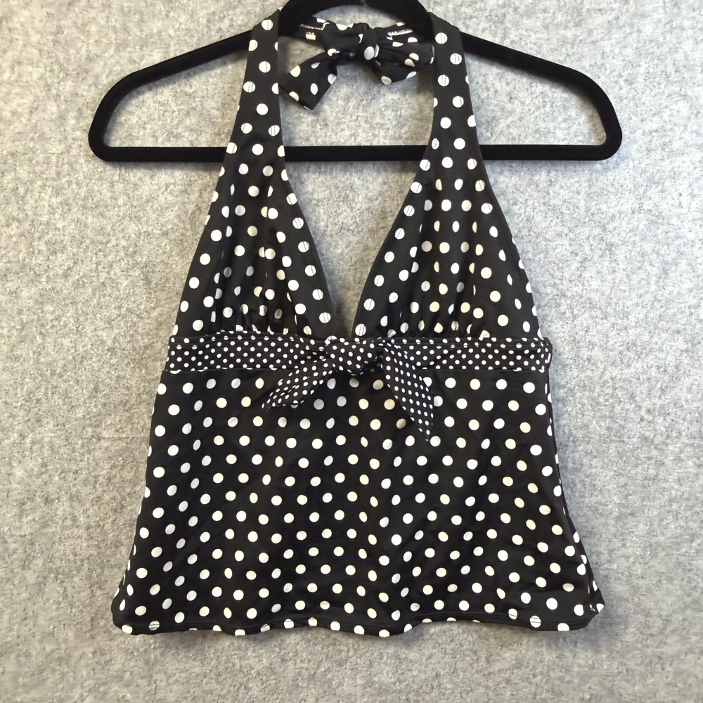Kim Rogers Womens Polka Dot Halter Tankini Top Black White Size M Bow Accent